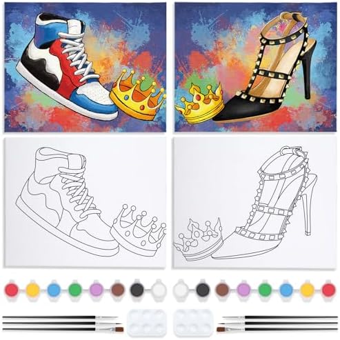 Nuberlic 2 Pack Couples Sip and Paint Painting Kit Pre Drawn Canvas for Painting for Adult Shoe Love Couple Pre Drawn Stretched Canvas Kit Art Set Christmas Valentine's Day 8"x10" Nuberlic