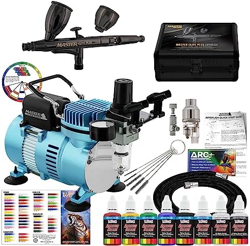 Master Airbrush Cool Runner II Dual Fan Air Compressor System Kit with Master Elite Plus Elite Level Performance Airbrush Set, Case, Dual-Action, 0.3mm Tip, 2 Cups, 6 Color Acrylic Paint Artist Set Master Airbrush