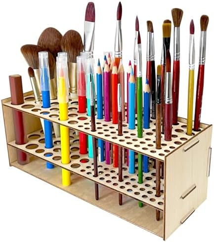 Wooden Paint Brush Holder 105 Holes Paintbrush Holder Organizer Paint Brush Stand Rack with Silicone Rings - Wood Paint Brush Holder for Pens Pencils Artist HESHUYU