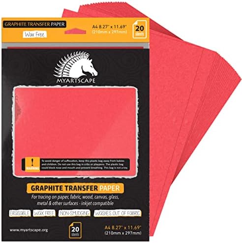 MyArtscape Graphite Transfer Paper, 20 Red Sheets - Wax Free - Erasable - Smudge-Free - Ideal for Drawing and Tracing - Premium Arts and Crafts Supplies MyArtscape