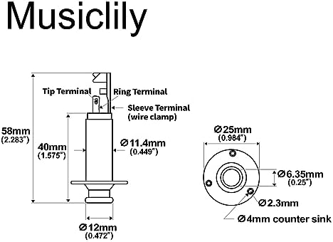 Musiclily Pro 1/4" гнездо для акустических электрогитар и бас-гитар, моно/стерео, с креплением и кабельным зажимом Musiclily