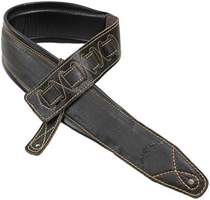 Walker & Williams C-22-DBLK Handmade Distressed Black Premium Signature Thick Grain Leather Guitar Strap with Double Padding For Acoustic, Electric, And Bass Guitars Walker & Williams