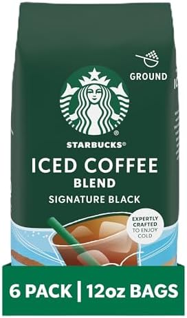 Starbucks Ground Coffee, Medium Roast Iced Coffee Blend, Signature Black, 100% Arabica, 6 Bags (12 oz Each) Starbucks