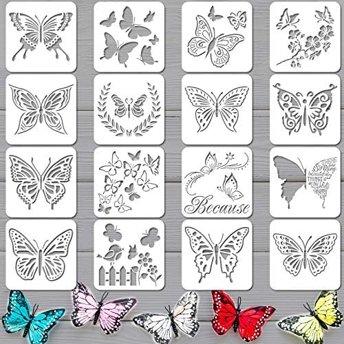 16 Pieces Butterfly Stencils Reusable Butterfly Template Art Painting Stencils for Paint Craft Wall DIY Fabric Floor Home Decor Wood Signs (5.1 x 5.1 Inches) Zonon