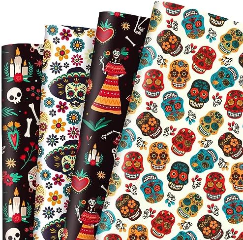 JarThenaAMCS 8 Sheet Day of the Dead Wrapping Paper - Not Roll- Mexican Skull Floral Gift Wrap Paper Folded Flat Dia De Los Muertos Art Paper for DIY Crafts, 19.7 x 27.6 Inch JarThenaAMCS