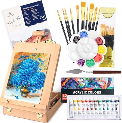 WOWOSS Tabletop Art Easel Box Set, 26 PCS Painting Kit for Adult Artists & Beginners, Easel Stand with 12 Acrylic Paints, 12 Sheets Acrylic Pad, Brushes, for Indoor & Outdoor Use, Painting & Sketching WOWOSS