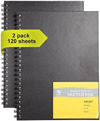 CONDA 9"x12" Sketch Book Set, 2 Pack, 120 Sheets, Spiral Bound Marker Pad, Durable Acid Free Sketchbook Mixed Media for Beginner Kids Adults Artists Conda