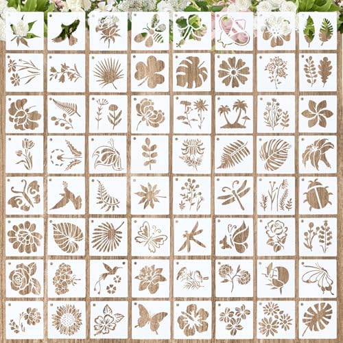 64 Pcs Stencils for Craft 3x3 Inch Reusable Bird Stencils for Painting Flower Animal Butterfly Leaf Stencils for Painting on Rock Canvas Fabric Glass Pottery Xthrotsenk