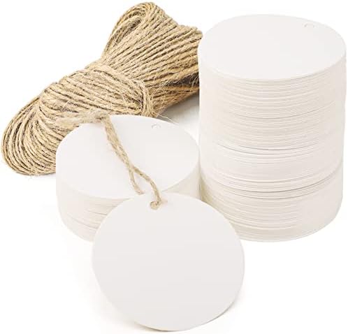 Segarty Round Tags, 100 PCS Craft Gift Tags, Tag with 65 Feet Jute Twine, Round Thick White Paper Blank Hang Tags Wish Tag for Gifts Wrapping, Craft Project, Xmas Gift, DIY Wedding Favor Bag Segarty