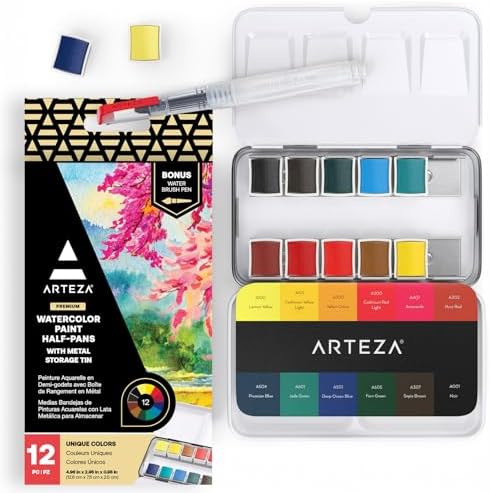 ARTEZA Watercolor Paint, Set of 12 Assorted Vibrant Colors in Half Pans, Tin Box with Water Brush Pen for Artists, and Beginners ARTEZA