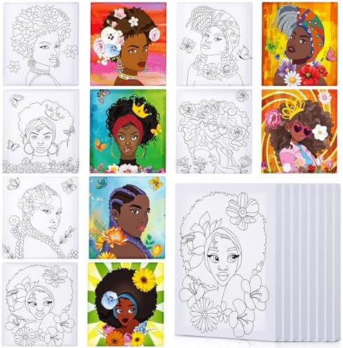 12 Pcs Pre Drawn Outline Canvas 10 x 8 Inch, Pre Drawn Stretched Canvas Painting Boards for Painting Art Party Favor for Adult Student Kids DIY Painting (African Queen) Meanplan