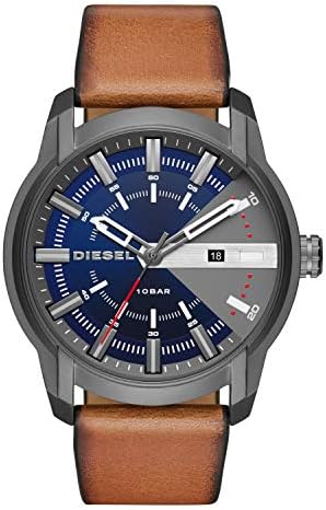 Diesel Armbar Stainless Steel and Leather Three-Hand Analog Men's Watch, Color: Gunmetal, Brown (Model: DZ1784) Diesel