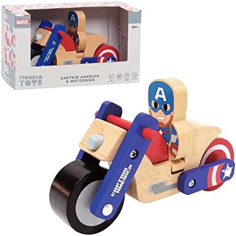 Disney Wooden Toys Just Play Captain America and Motorcycle, Figure and Vehicle, Officially Licensed Kids Toys for Ages 18 Month, Amazon Exclusive Just Play