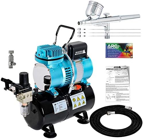 Master Airbrush Cool Runner II Dual Fan Air Tank Compressor System Kit with a Pro Set G222 Gravity Airbrush Kit with 3 Tips 0.2, 0.3 & 0.5 mm - Hose, Holder, How-To Guide - Hobby, Auto, Cake, Tattoo Master Airbrush