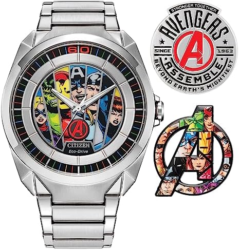 Citizen Men's Eco-Drive Marvel Avengers Silver Stainless Steel Watch and Pin Gift Set, Avengers 60th Anniversary (Model: AW2080-64W) Citizen