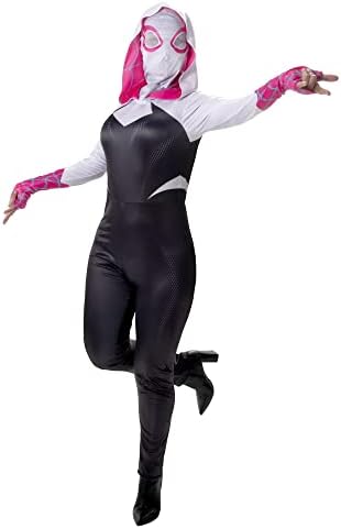 MARVEL Spider-Gwen Official Adult Halloween Costume - Premium Quality Hooded Jumpsuit with Pull On Fabric Mask Jazwares Costume Play