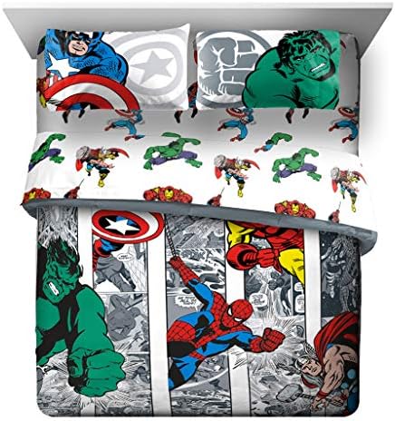 Jay Franco Marvel Avengers Comic Cool 7 Piece Queen Bed Set - Includes Comforter & Sheet Set - Bedding Features Captain America, Spiderman, Iron Man, Hulk, & Thor - Super Soft Jay Franco