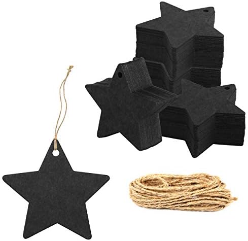 200 PCS Black Kraft Star Paper Gift Tags with 100 Feet Natural Jute Twine String for Arts Crafts Packaging (Label Measures 2.4” in Diameter) OKIO