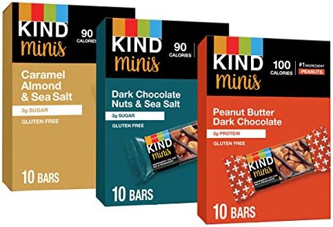 KIND Bar Minis, Variety Pack, Dark Chocolate Nuts and Sea Salt, Peanut Butter, Caramel Almond, Healthy Snacks, 3g Protein, Gluten Free, Low Sugar/Calorie Snacks, 30 Count Kind