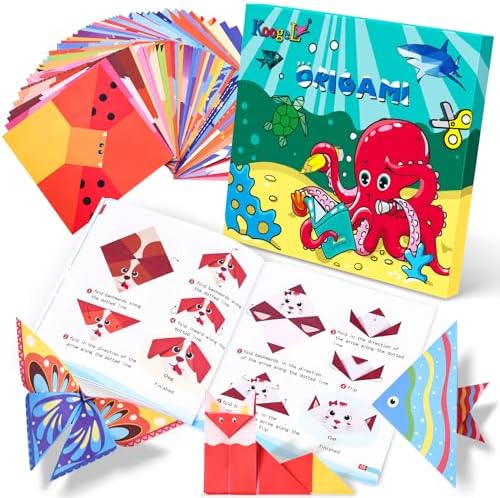 Koogel 120 Sheets Origami Kit for Kids, 108 Sheets Double-side Origami Paper 12 Sheets Practice Papers, Instructional Origami Book, Origami Gifts for 4+ Girls Boys Adult Beginners Training Craft Koogel