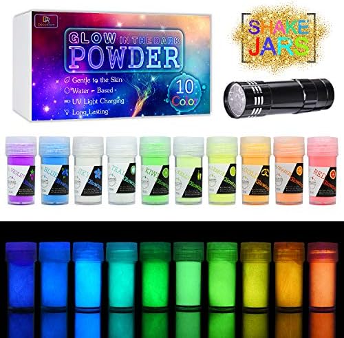 10 Color Glow In The Dark Pigment Powder with UV Lamp - Epoxy Resin Luminous Powder for Slime Kit,Skin Safe Long Lasting Self Glowing Dye for DIY Nail Art,Acrylic Paint,Fine Art, 0.7oz Each(Total 7oz) DecorRom