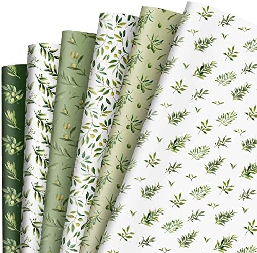 Whaline 12 Sheet Greenery Wrapping Paper Watercolor Green Leaves Gift Wrap Bulk Olive Leaf Pattern Art Paper for Wedding Baby Shower Birthday DIY Crafts Gift Packing Folded Flat, 19.7 x 27.6 Inch Whaline