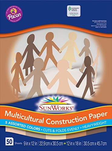 Pacon, 9509, Multicultural Construction Paper, 9 inch x12 inch, 5 Assorted Colors, 50 Sheets/Pack, Sold As 3 Pack, Total 150 Sheets Pacon