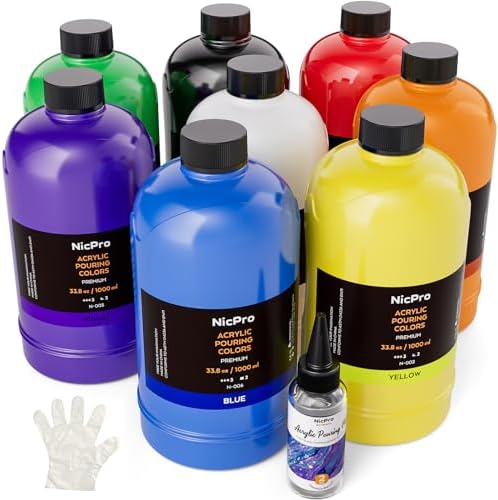 Nicpro 14 Colors Large Bulk Acrylic Pour Paint Set (33.8 oz,1000 ml) Premixed High Flow Art Pouring Paint Supplies Kit with Silicone Pour Oil, Gloves for Beginner Cell Creation Flow DIY, Ready to Pour Nicpro