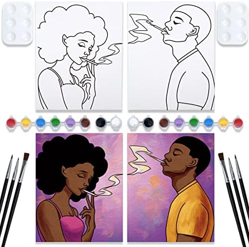 Couples Paint Party Kits Pre Drawn Canvas for Adults for Paint and Sip Date Night Games for Couples Painting kit 8x10 African American Girl Boy (2 Pack) Valentine's Day VOCHIC