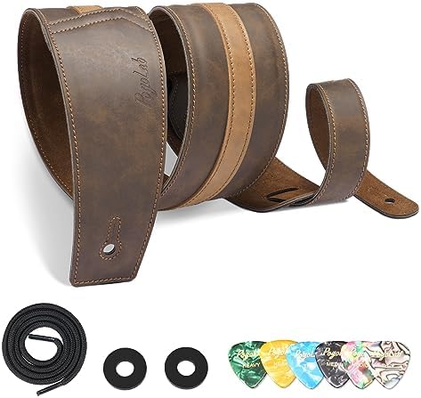 Leather Guitar Strap, 3 inch Wide Comfortable Foam Cushion Padded Bass Strap, Adjustable Length from 51" to 57", with Strap Locks & Picks, for Bass/Electric/Acoustic Guitar (Brown) POGOLAB