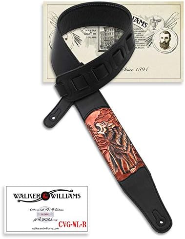 Walker & Williams CVG-WL-R Hand Carved Brick Red & Brown Howling Timber Wolf On Black Leather Guitar Strap For Acoustic, Electric, And Bass Guitars Walker & Williams