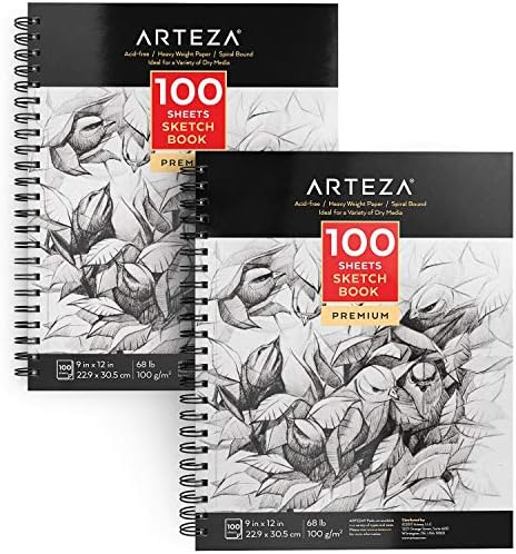 Arteza Sketch Book 2-Pack, 9x12 Inches, 200 Sheets, 100 Sheets Each Drawing Book, 68 lb, 100gsm Paper, Spiral Bound Artist Sketch Pad, Durable Acid Free Drawing Pad, for Adults and Teens, Bright White ARTEZA