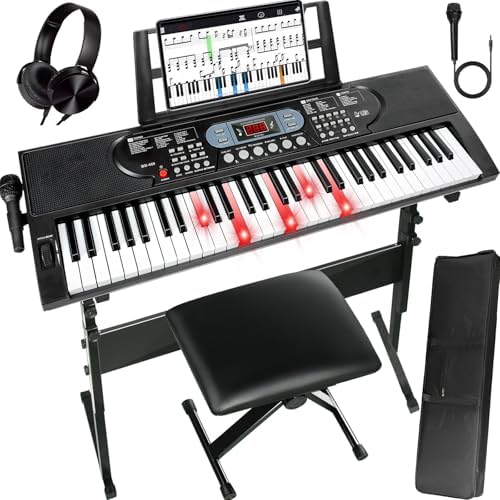 Keyboard Piano 61 Key Piano Keyboard Electric Piano Kids Portable Keyboard Piano for Beginners w/Piano Bench Stand Stickers Microphone Lighted Keyboard LED Screen Music Stand AQNIEGEP