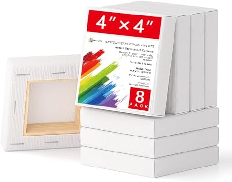 Simetufy Mini Square Canvas 8 Pack 4x4inch, 5/8''Profile Stretched Canvases for Painting, Triple Primed 100% Cotton for Kids, Acrylics, Oil Paint, Collage Art Simetufy