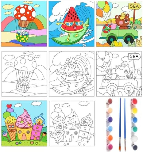 4 Pcs Kids Pre Drawn Canvas to Paint, 8 x 8 Inch Canvas Painting Kits with 12 Acrylic Paint Sets and 2 Brushes, Pre Sketched Canvas Set for Painting for Girls Boys Beginner Artists (Cute Animal) BriCabel