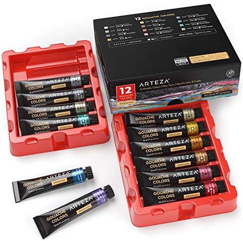 ARTEZA Metallic Gouache Paint, Set of 12, 12ml/0.4 US fl oz Gouache Paint Tubes, Glitter Paint for Canvas and Paper ARTEZA