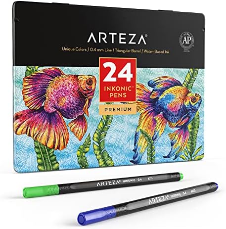 ARTEZA Black Inkonic Fineliners Pens, Set of 12, 0.4 mm Fine Tip Markers, Water-Based Art Pens for Drawing, Sketching, Journaling, Calligraphy ARTEZA