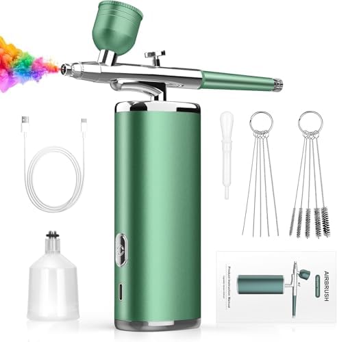 Airbrush Kit with Compressor - Rechargeable Cordless Airbrush for Nails Paint Tattoo Art Makeup Painting Cake Decor Non-Clogging High-Pressure Air Brush Set with 0.3mm Nozzle (Green) Enaud