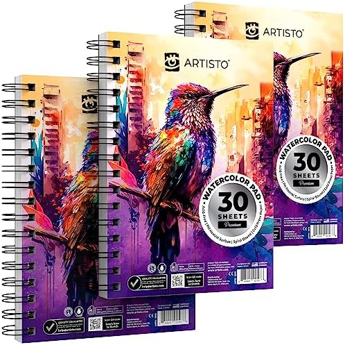 Artisto Watercolor Pads 5.5x8.5”, Pack of 3 (90 Sheets), Spiral Bound, Acid-Free Paper, 140lb (300gsm), Perfect for Most Wet & Dry Media, Ideal for Beginners, Artists & Professionals Artisto