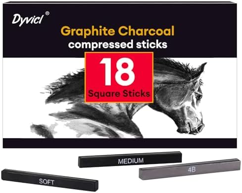 Dyvicl Compressed Graphite Charcoal Sticks, Square Black White Charcoal for Drawing, Sketching, Shading, Blending, Pack of 18 Charcoal Drawing Set for Beginners and Artists Dyvicl