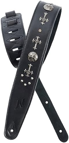 Nefelibata Full Grain Leather Guitar Strap with Foam Padded with Cross Silver Rivets for Electric, Acoustic and Bass Guitars (2.5" Wide, Carbon Black) Nefelibata