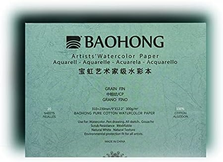 BAOHONG Artists' Watercolor Paper Block (20 Sheets, glued on Four Edges), 100% Cotton, Acid-Free, 140LB/300GSM, Watercolor Art Supplies for Wet, Dry, and Mixed Media Painting (Cold Press 4.9"X7") BAOHONG