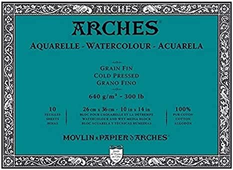 ARCHES Aquarelle – Block of 10 Sheets 26 x 36 cm Glued on 4 Sides – 640 g/m² – Satin Grain, Natural White, 4 Free Edges Arches