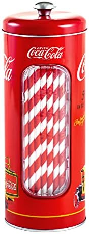 The Tin Box Company Coke Straw Holder Tin with 20 Paper Straws Inside, 3-3/8 x 8-1/4"H, Red and White (771517-12) - Good for 8" Straws or Less The Tin Box Company