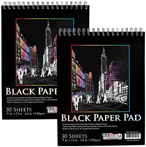 U.S. Art Supply 9" x 12" Premium Black Heavyweight Paper Sketch Pad, Pack of 2, 30 Sheets Each, 64lb (140gsm) - Spiral Bound Artist Drawing Paper - Colored Pencils, Gel Pens, Oil Pastels, Charcoal Ink U.S. Art Supply