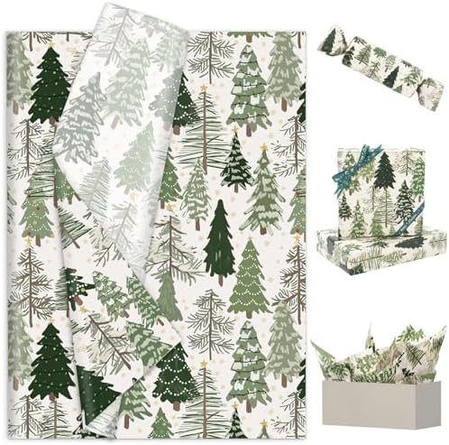 JarThenaAMCS 100 Sheet Christmas Tissue Paper Watercolor Forest Art Tissue Green Xmas Tree Wrapping Paper for Winter Birthday Wedding DIY Craft Gift Packing, 14 x 20 Inch JarThenaAMCS