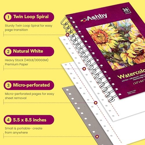 Ashby - 1 Pad (36 Sheets) of Premium Quality Watercolor Paper 140lb (300 GSM). Perfect for Most Wet & Dry Media. Spiral Bound with a Perforated Edge for Easy Removal - Natural White Color Ashby