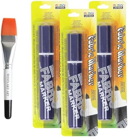 Uchida Uchida Broad Tip Markers, Permanent and Fade-Resistant, Ideal for DIY Projects & Crafts, Navy Blue Fabric Marker Bundle with Watercolor Paint Brush, Easy to Use [Pack of 3] Westlake art