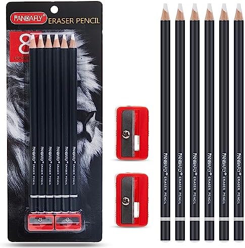 PANDAFLY Eraser Pencil Set, 6pc Eraser Pencils and 2pc Sharpener, Erasing Small Details or add Highlights for Sketching, Charcoal Drawings. Art Eraser Pencils for Artists & Beginners PANDAFLY