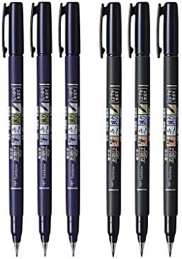 Тушевые ручки Tombow Fudenosuke, набор из 6 штук: 3 жесткие (GCD-111) и 3 мягкие (GCD-112) - для точного рисования и каллиграфии Tombow